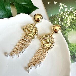 Ancient Greece Horse Earrings Pearl Chain Tassel Western Rodeo Jewelry Gift NEW